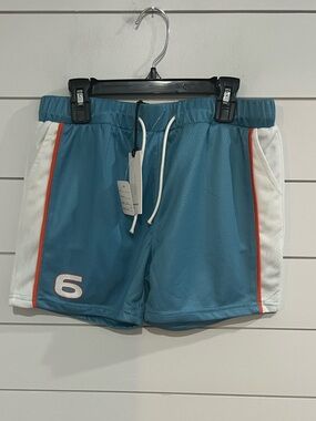 Kids Athletic Drawstring Shorts in Teal with White and Orange Trim